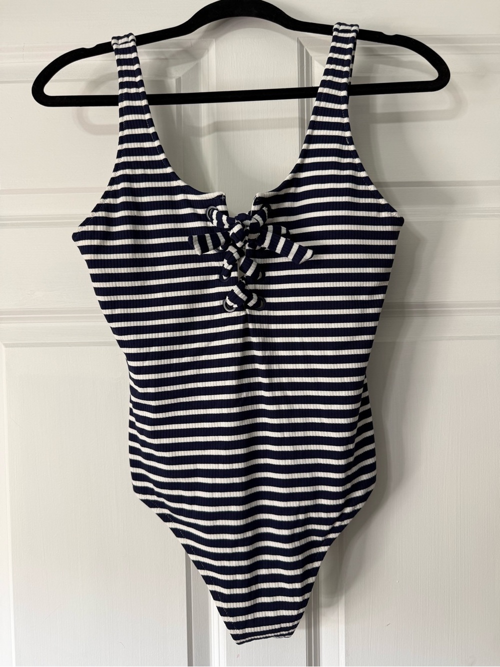 Aerie Striped Ribbed Lace Up One Piece Long Swimsuit